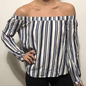 Tobi Blue and White Flowy Off the Shoulder Top